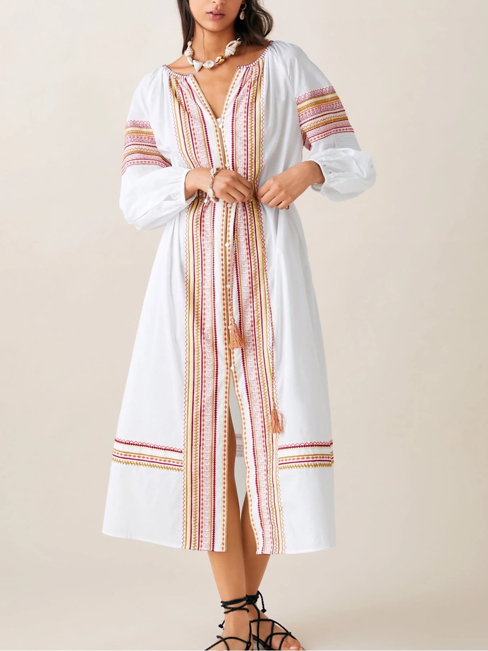 Zara White Embroidered Boho Dress with Tassel Tie Belt Braided Beach Summer